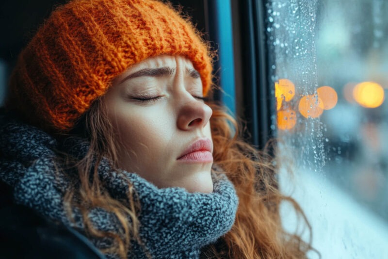 Person feeling cold and uncomfortable indoors in Nanaimo, despite being bundled up.