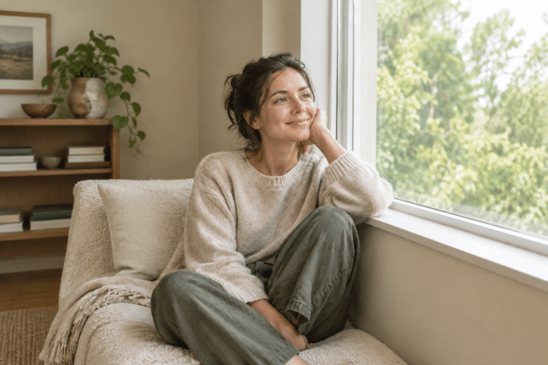 woman smiling quietly by a window, calm and content