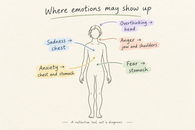 Handwritten notes showing how emotions connect to different body areas.