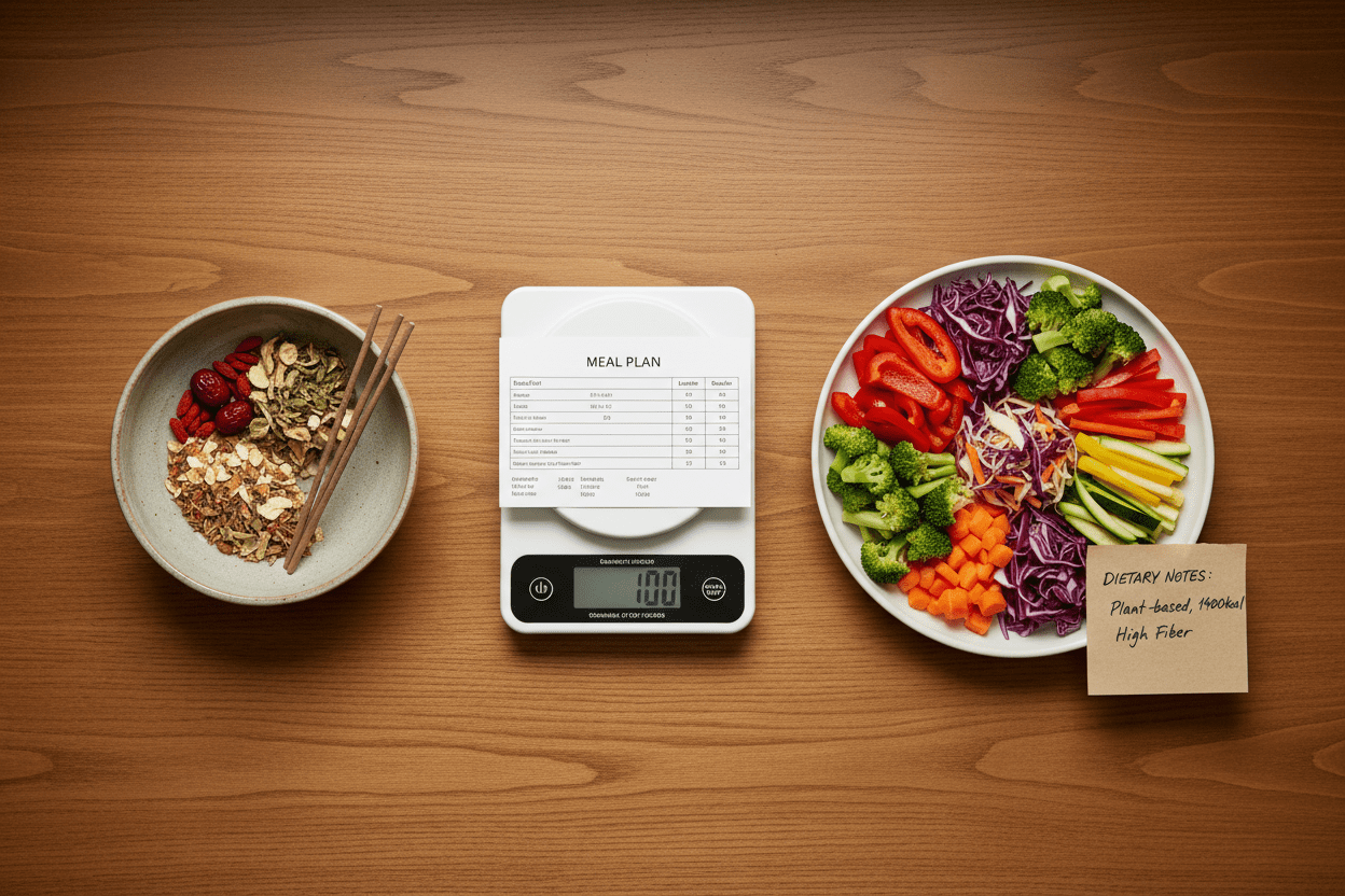 TCM practitioner, dietitian, and nutritionist approaches compared on a wooden table