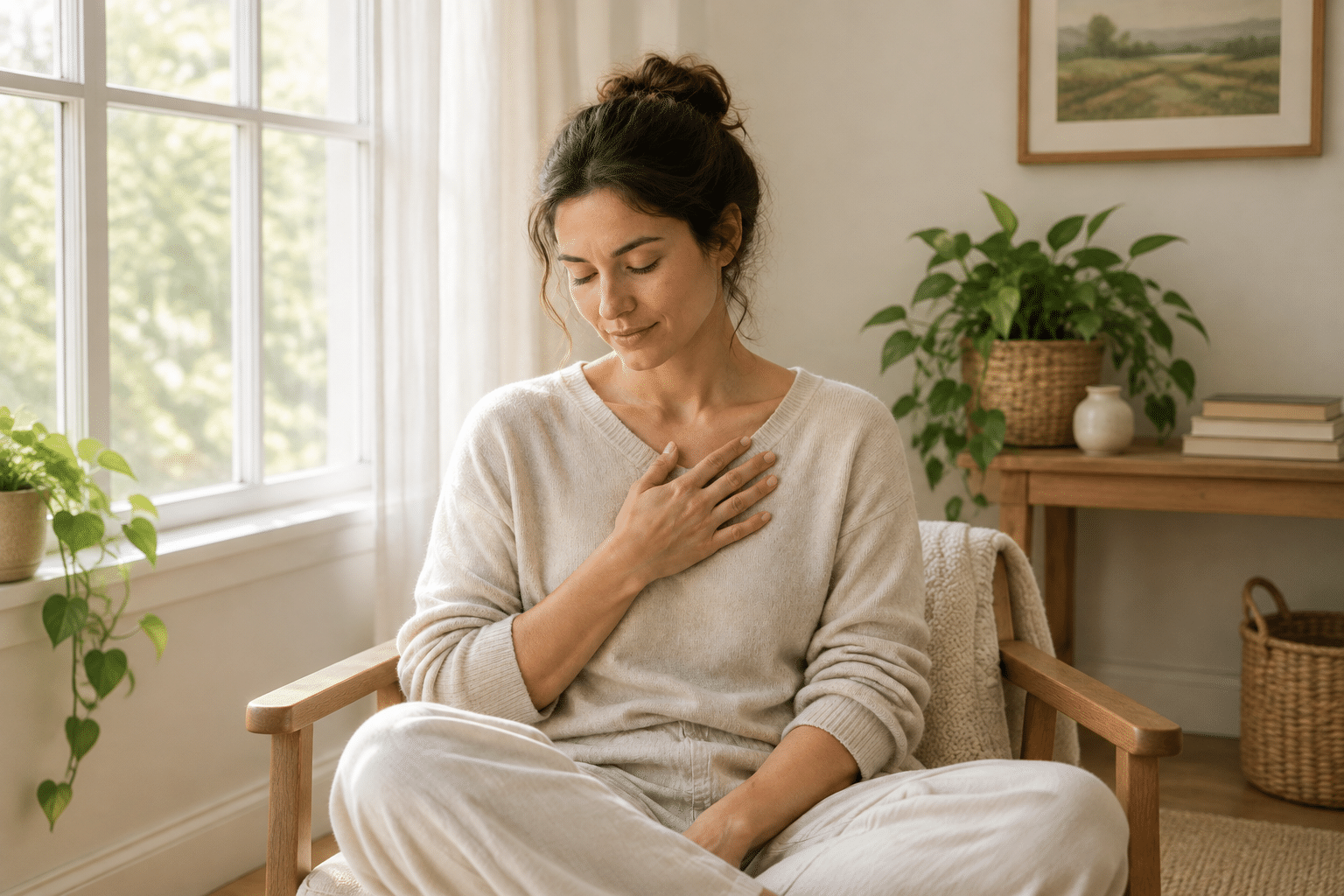 Woman sitting quietly with hand on their chest, reflective mood